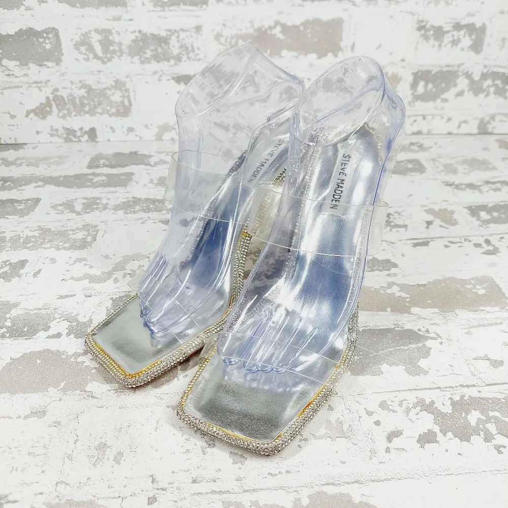 New Steve Madden Pending Embellished Clear Strap Stiletto Sandals C366 - Picture 2 of 14